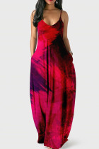赤のセクシーなプリントパッチワークスパゲッティストラップスリングドレスドレス