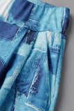 Синий повседневный принт в стиле пэчворк с высокой талией и широкими штанинами, сплошной принт