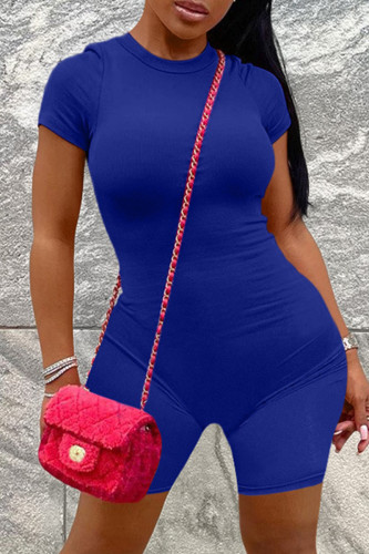 Blue Casual Solid Patchwork O Neck Skinny Romper