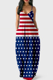 Navy Sexy Striped Flag Star Print Patchwork Spaghetti Strap Sling Loose Cami Maxi Dresses