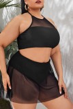 Roupa de banho preta sexy sólida patchwork sem costas plus size (com enchimentos)