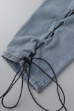 Blue Street Solid Bandage ihåligt Patchwork jeans med hög midja