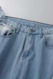 Lichtblauwe sexy straat effen gescheurde bandage uitgeholde patchwork jeans met hoge taille