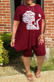 Burgundy Casual Street Print Patchwork O Neck Plus Size Two Pieces