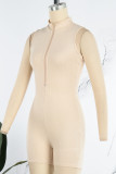Pagliaccetti skinny casual con colletto con cerniera in patchwork solido color albicocca