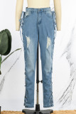 Ljusblå Sexig Street Solid Ripped Bandage Urholkat Patchwork Denim Jeans med hög midja