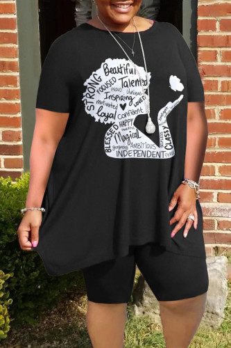 Noir Casual Street Print Patchwork O Neck Plus Size Two Pieces