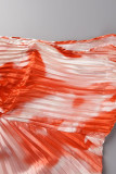 Tangerine Red Street Print Пэчворк Складка Асимметричный косой воротник Прямые платья