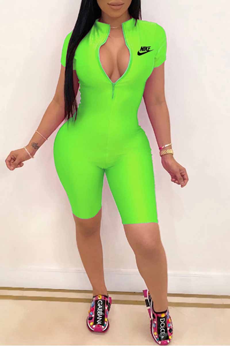 

Fluorescent Green Casual Print Letter Zipper Collar Jumpsuits