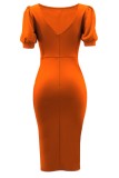 Оранжевые повседневные однотонные платья в стиле пэчворк с разрезом и круглым вырезом, юбка-карандаш