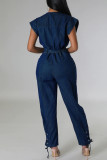 Deep Blue Street Solid Bandage Patchwork Buckle With Belt O Neck Sleeveless Straight Denim Jumpsuits