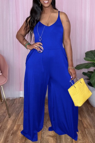 Blue Sexy Casual Solid Backless Spaghetti Strap Regular Jumpsuits