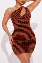 Tangerine Red Sexy Striped Patchwork Backless Oblique Collar Dresses