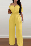 Yellow Casual Solid Patchwork Off the Shoulder Regular Jumpsuits