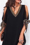 Black Casual Print Bandage Hollowed Out Patchwork V Neck Straight Dresses
