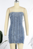 Baby Blue Sexy Casual Solid Backless Strapless Jean Dress Sleeveless Skinny Denim Dresses
