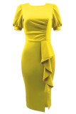 Robes de jupe crayon jaune décontractée solide patchwork fente O cou