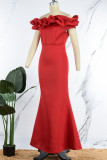 Rotes beiläufiges elegantes festes Patchwork schulterfreie Trompeten-Meerjungfrau-Kleider