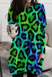Kleur casual print luipaard patchwork O-hals onregelmatige jurkjurken