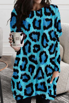 Blauwe casual print luipaard patchwork O-hals onregelmatige jurkjurken