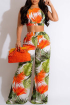 Orange Sexy Casual Tropical Print Frenulum Backless Spaghetti Strap Sleeveless Two Pieces Tank Crop Tops And Wide Leg Pants Set