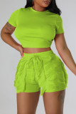 Fluorescent Green Casual Solid Tassel Patchwork O Neck Short Sleeve Two Pieces