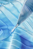 Bleu Street Print Patchwork Pli Asymétrique Col Oblique Robes Droites