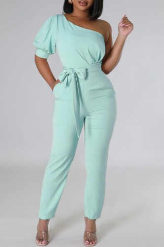 Blue Casual Solid Backless Oblique Collar Regular Jumpsuits