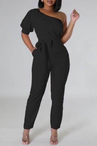 Black Casual Solid Backless Oblique Collar Regular Jumpsuits