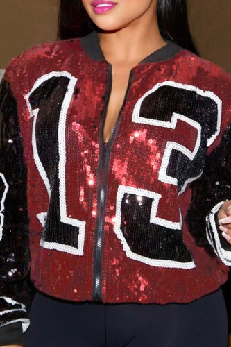 Capispalla con colletto con cerniera in paillettes patchwork casual rosso