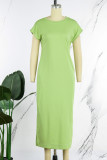 Светло-зеленое повседневное однотонное платье с круглым вырезом и карманом с коротким рукавом Платья Платья