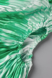 Зеленые уличные принты Пэчворк Складки Асимметричные косые воротники Прямые платья