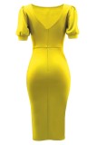 Желтые повседневные однотонные лоскутные платья с разрезом и круглым вырезом, юбка-карандаш