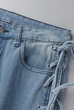 Lichtblauwe sexy straat effen gescheurde bandage uitgeholde patchwork jeans met hoge taille