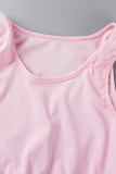 Roupa esportiva rosa sólida patchwork decote em U sem mangas duas peças