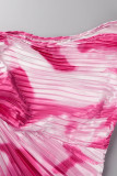 Розово-красный уличный принт Пэчворк Складки Асимметричный косой воротник Прямые платья