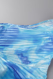 Vestidos retos com estampa de rua azul patchwork dobrado gola oblíqua assimétrica