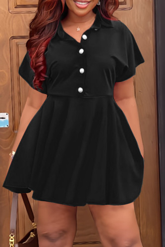 Black Casual Solid Patchwork Turndown Collar Short Sleeve Dress