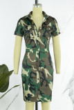 Robe décontractée à imprimé camouflage et patchwork, col rabattu, manches courtes, vert