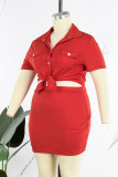 Rose Red Casual Solid Patchwork Buckle Umlegekragen Plus Size Two Pieces