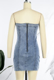 Baby Blue Sexy Casual Solid Backless Strapless Sleeveless Skinny Denim Dresses