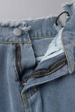 Calça Jeans Jeans Cintura Alta com Bandagem Sólida Blue Street Patchwork Oco