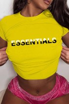 Yellow Casual Print Letter O Neck T-Shirts