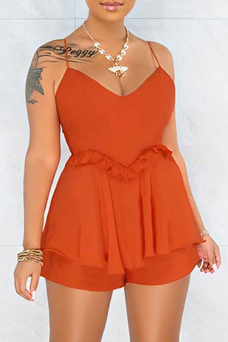 

Orange Red Sexy Casual Solid Patchwork Backless Spaghetti Strap Sleeveless Two Pieces