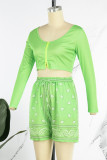Fluorescerande gröna Casual Sportswear Print Patchwork Dragkedja Långärmad Två delar