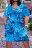 Vestido azul claro casual estampa patchwork manga curta vestidos tamanho grande