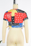 Camisetas con cuello en O de cordón con estampado de patchwork con estampado casual rojo