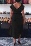 Черное повседневное однотонное платье с открытой спиной и круглым вырезом с коротким рукавом Платья