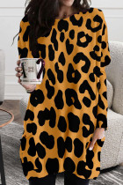 Gul Casual Print Leopard Patchwork O Neck Oregelbundna klänningar