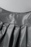 Gris Sexy Street Solid Patchwork Fold Cintura alta Tipo A Pantalones de color sólido